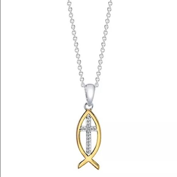 Unwritten Gratitude & Grace Two-Tone CZ Jesus Fish Pendant Necklace New - Picture 1 of 5